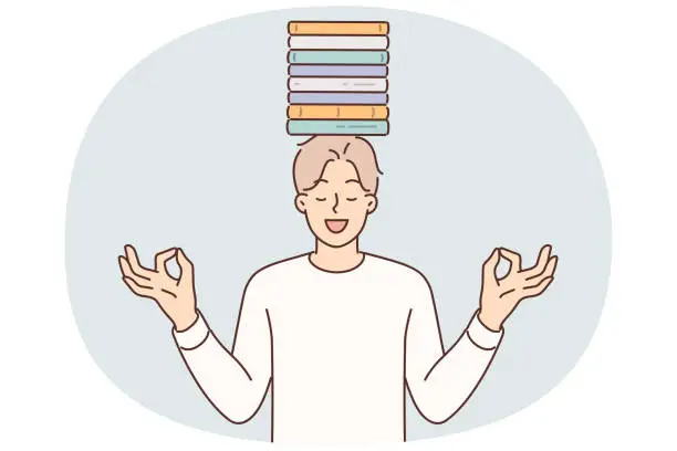 Vector illustration of Meditating man with books on head stands maintain balance between study and rest