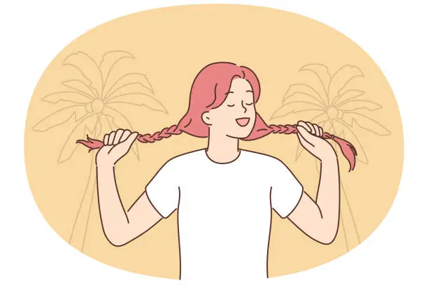 Vector illustration of Young woman holding pigtails standing on beach with palm trees for metaphor for inner child