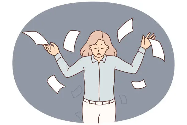 Vector illustration of Upset business woman throwing papers up during stressed about tax increase or bankruptcy notice