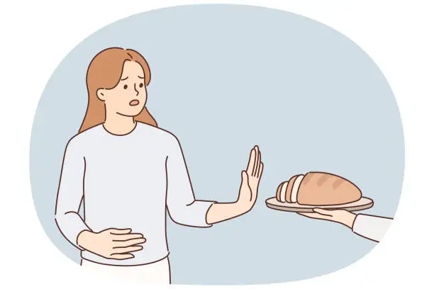 Vector illustration of Frustrated woman holding on to stomach refuses bread due to allergies and gluten intolerance