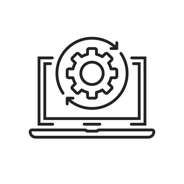 thin line laptop and gear wheel like update thin line laptop and gear wheel like update. lineart style trend modern minimal stroke art design web element isolated on white background. concept of development or devops service badge computer settings screen stock illustrations