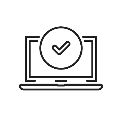 validate icon with thin line laptop and checkmark. linear simple stroke design web element isolated on white. concept of easy access and program or os upgrade or authorization or registration