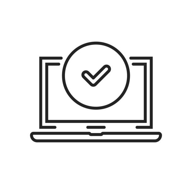 validate icon with thin line laptop and checkmark validate icon with thin line laptop and checkmark. linear simple stroke design web element isolated on white. concept of easy access and program or os upgrade or authorization or registration computer settings screen stock illustrations
