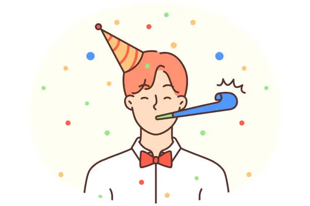 Vector illustration of Man in hat celebrates friend anniversary or birthday standing using tongue-whistle