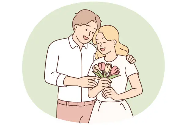 Vector illustration of Loving man hugging woman giving bouquet flowers in honor anniversary relationship or Valentine Day