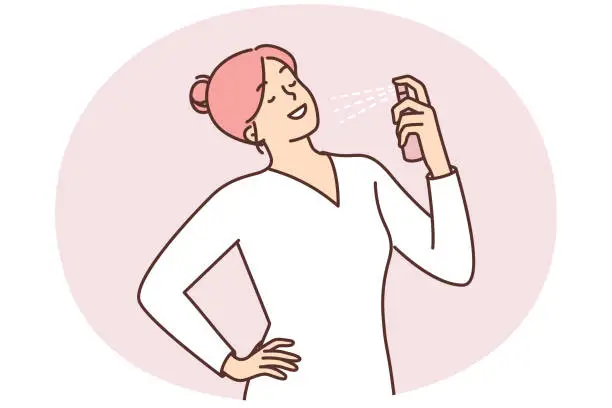 Vector illustration of Woman holding vial with fragrant perfume preening before going to party or date with boyfriend