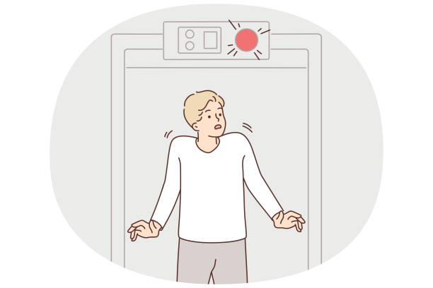 Stressed man beep at security gate Stressed man beeping at security gate. Shocked guy feel frustrated see warning at safety gate in airport. Vector illustration. guy-looking-over-fence stock illustrations