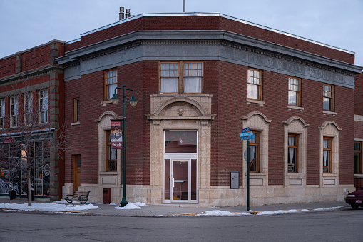 Fort MacLeod, Alberta - February 18, 2024: Buildings on the historic centre of Fort MacLeod Alberta.