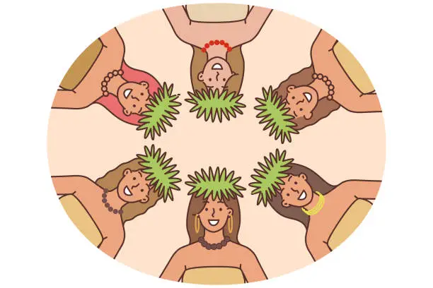 Vector illustration of Women Polynesian dancers from exotic resort on tropical island stand in circle and look at camera