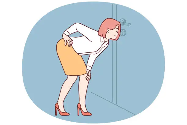 Vector illustration of Curious woman look through keyhole in office