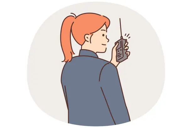 Vector illustration of Woman security guard uses walkie-talkie to contact colleagues or report intruder