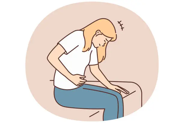 Vector illustration of Woman suffering from stomach pain sitting on bed needs medicine after food poisoning