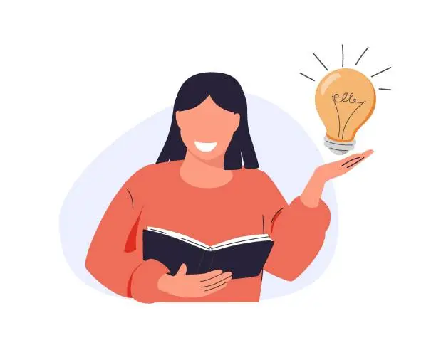 Vector illustration of Woman reading book with insights, knowledge. Student reader learning, studying. Thoughts and answers from literature