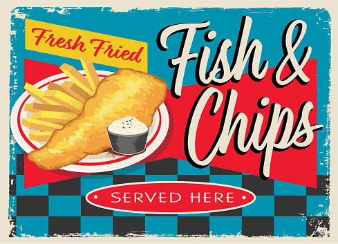 Vector illustration of a Fish and Chips retro vintage Diner sign design concept in bright colors. Lot's of texture. Use for Restaurant or Diner. Fully editable vector eps and high resolution jpg in download. Royalty free design.