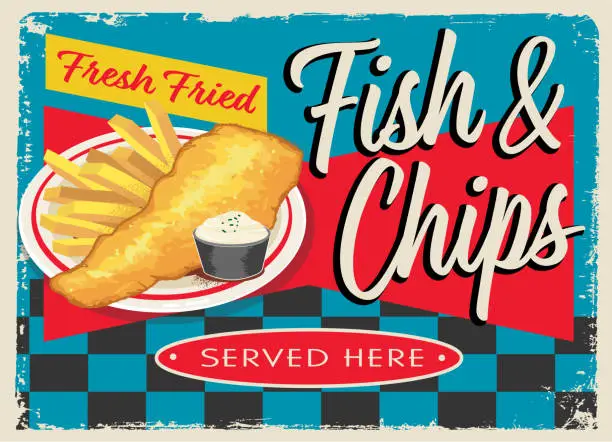 Vector illustration of Fish and Chips retro vintage Diner sign design concept