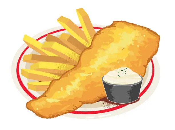 Vector illustration of Fish and chips with French fries and tartar sauce on white background