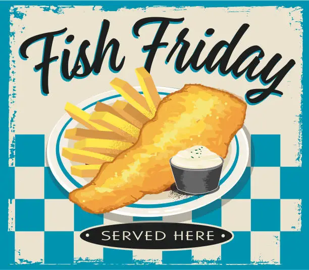 Vector illustration of Fish Friday retro vintage Diner sign design concept