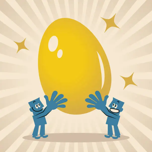 Vector illustration of Two smiling blue men carrying a big Gold Easter Egg, Happy Easter, with the light beam of abundance, Prosperity and Success, Innovation and Creativity