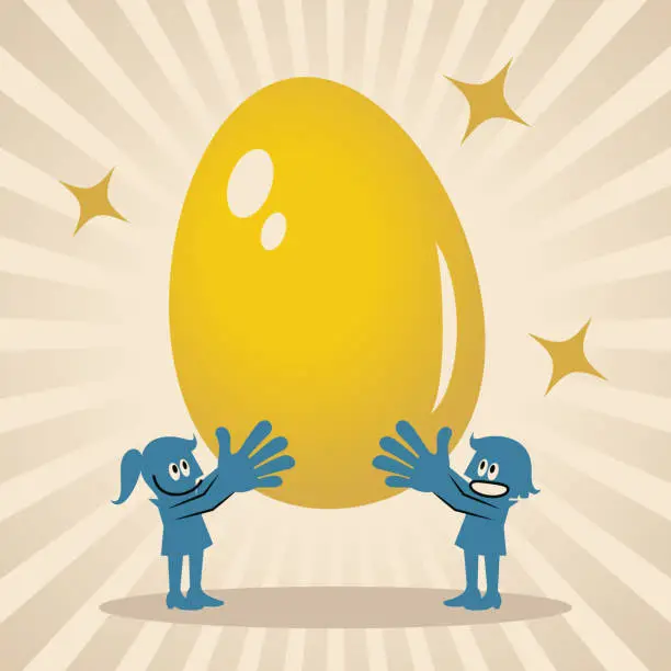 Vector illustration of Two smiling blue women carrying a big Gold Easter Egg, Happy Easter, with the light beam of Abundance, Prosperity, Success, Innovation, and Creativity