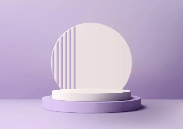 Vector illustration of 3D white podium mockup. A soft purple backdrop and geometric circle design