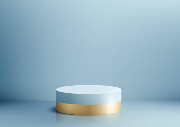 istock Luxurious 3D podium mockup. Featuring a blue and gold design on a soft blue background 2056659751