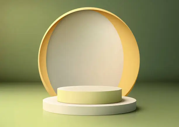 Vector illustration of 3D podium display, featuring a minimalistic design set against a circle backdrop on vibrant green backdrop