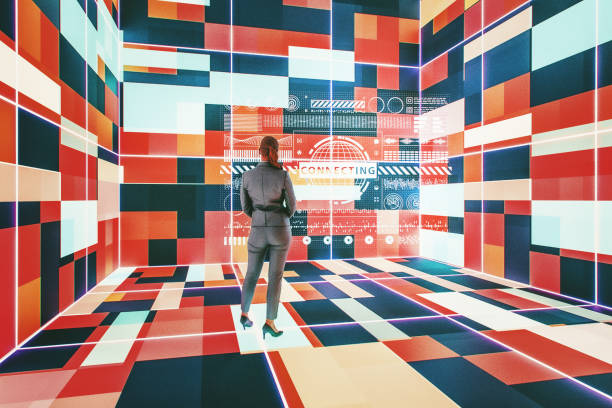 istock Businesswoman standing in VR environment 2056663897