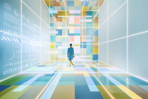 istock Casual woman walking in VR environment 2056664407