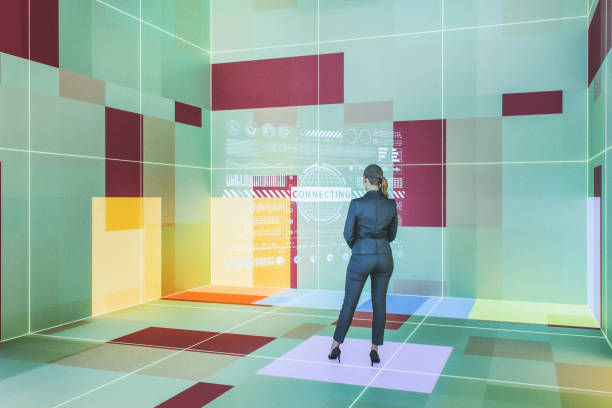 istock Businesswoman standing in VR environment 2056664622