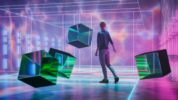 istock Casual woman walking in VR environment 2056668823