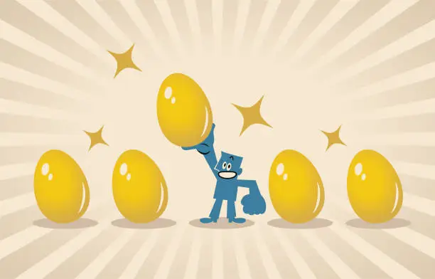 Vector illustration of A happy blue man holding a big Gold Easter Egg, Happy Easter, with the light beam of Abundance, Prosperity and Success, Innovation and Creativity