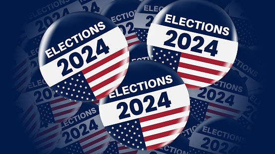 2022 Election message written over dark blue bokeh background behind rippled American flag. Horizontal composition with copy space. Front view. 2022 US Midterm Elections Concept.