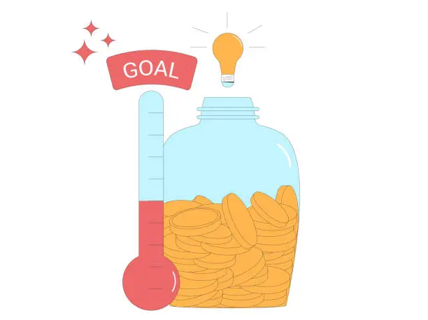 Vector illustration of Donation event for non profit fund. Fundraising concept. Startup goal. thermometer and jar moneybox.