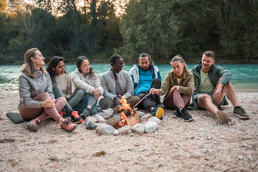 The magic of friendship unfolds in this image, where a diverse group of friends enjoys the tranquility of the forest, gathered around a bonfire. The shared moments create an everlasting bond against the backdrop of nature's serenity.