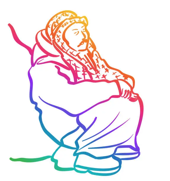 Vector illustration of Man Wearing Kufiya Resting Rainbow