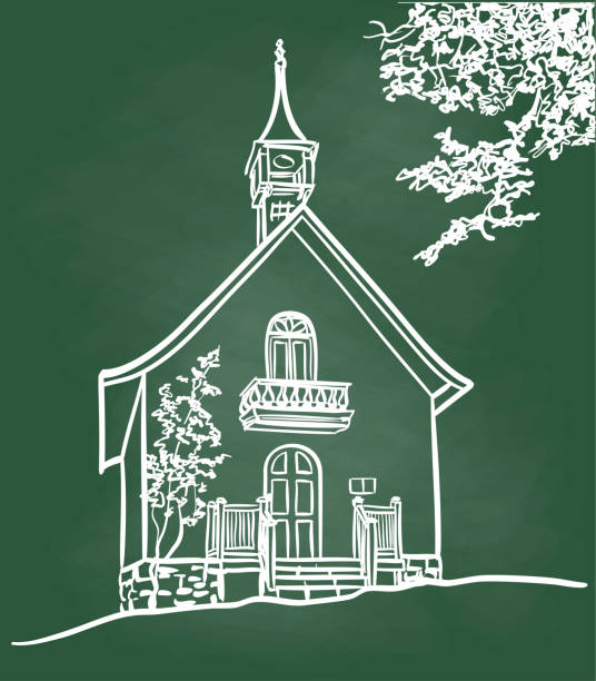 Little White Church Chalkboard Small methodist church out in the countryside. chapel illustrations stock illustrations