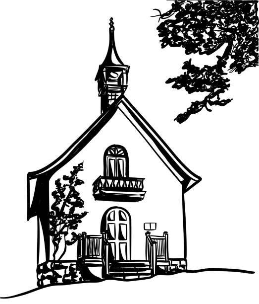 Little White Church Ink Small methodist church out in the countryside. chapel illustrations stock illustrations