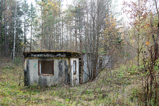 An unfinished small concrete house in the forest.