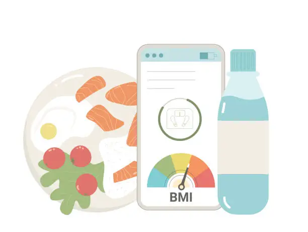 Vector illustration of BMI and weight control application and healthy eating habit. Body mass index and counting calories on phone isolated on white background. Vector flat illustration