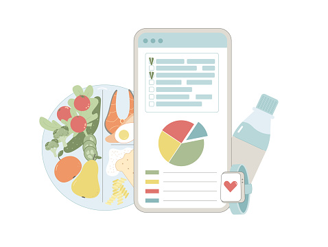 Healthy life active tracking concept. Calories, pulse counting and ratio of protein, carb and fat. Weight loss control. Vector flat illustration isolated on white background.