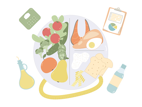 Healthy eating plate. Wellbeing concept. Diet plan schedule program. Nutrient counting. Meal tracking concept. Weight loss control. Vector flat illustration isolated.