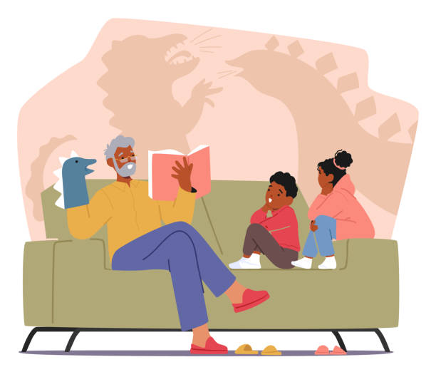 おじいちゃんのキャラクターは居心地の良いソファに座って、目を丸くした孫に魔法のおとぎ話の本を読んでいます、ベクトル - home interior entertainment sofa men点のイラスト素材／クリップアート素材／マンガ素材／アイコン素材