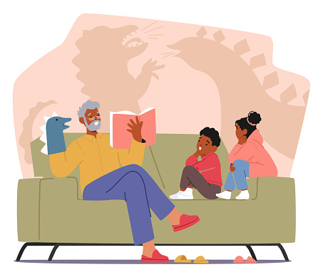 Granddad Character Sits On The Cozy Sofa, Reading A Magical Fairy Tale Book To His Wide-eyed Grandchild, Creating Cherished Moments Of Joy And Imagination Together. Cartoon People Vector Illustration