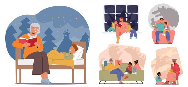 Parents and Grandparents Reading Magical Fairy Tales To Kids, Transporting Them To Enchanting Realms, Weaving Dreams Through Pages, Fostering Imagination, Bonding Hearts In Bedtime Tales, Vector Set