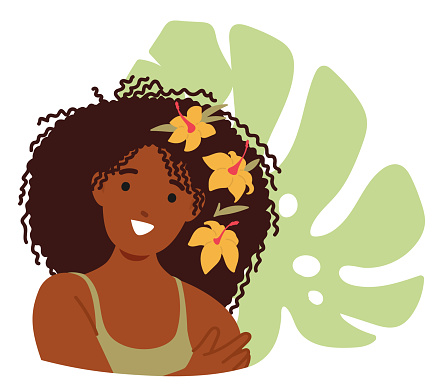 Striking Avatar Of A Black Woman Character, Her Gaze Captivating, Features Exquisitely Defined. Delicate Flowers Adorn Her Hair, Adding Touch Of Elegance And Grace. Cartoon People Vector Illustration