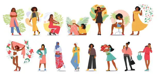 Vector illustration of Black Girls and Women Set. Young, Teen and Adult African American Female Characters in Various Poses and Clothes