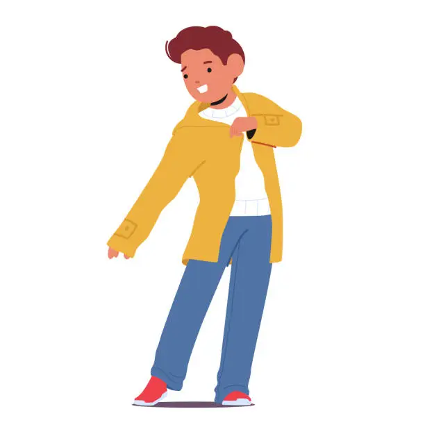 Vector illustration of Small Boy Character Diligently Slips Into His Jacket, Readying Himself For Brisk Walk, Excitement Sparking In His Eyes