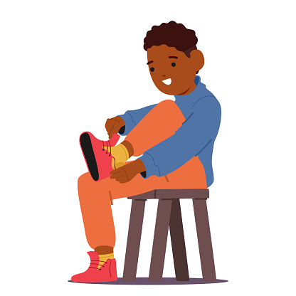 Little Black Boy Character, Perched On A Chair, Diligently Puts On His Shoes, Fingers Fumbling With Laces. Determination In His Eyes, Ready For The Day Adventures. Cartoon People Vector Illustration
