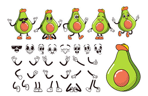 Cartoon Avocado Half Fruit Character Construction Kit. Isolated Vector Personage Generation Creation Set. Retro Groovy Hippie Facial Emotions, Body Parts, Hand Gestures, Legs And Faces of Cute Avocado