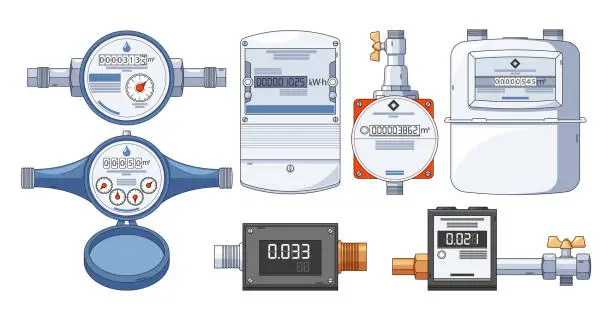 Vector illustration of Vector Set Communal Services Meters Measure Collective Consumption Of Utilities Like Water, Gas, Or Electricity